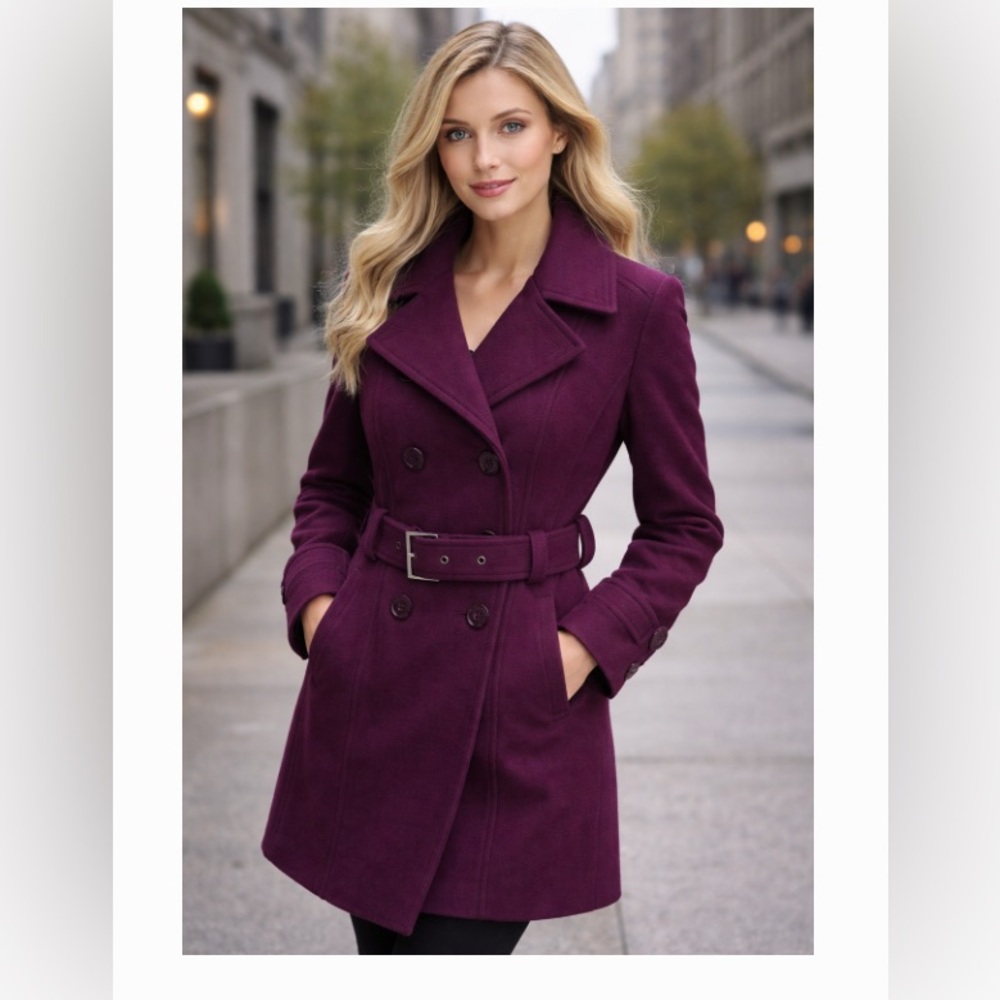 Guess Women's plum purple wool belted peacoat